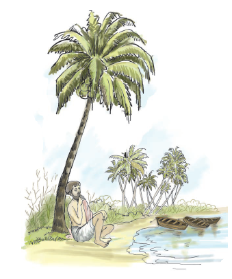 एक आदमी नदी किनारे नारियल के पेड़ के नीचे बैठा है। 