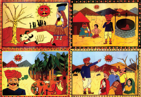 A picture divided into four parts based on village life of Rajasthan. 
