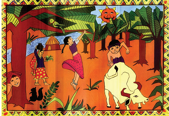 Some children playing around the trees. 