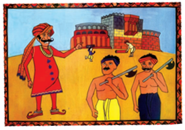 A King instructing two men with axes in their hands. 