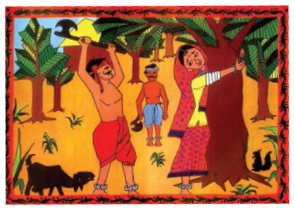 A lady holding a tree tightly while a man trying to cut it with an axe. 