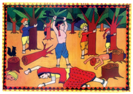 Men cutting down trees with their axes and people dying while hugging the cut trees. 