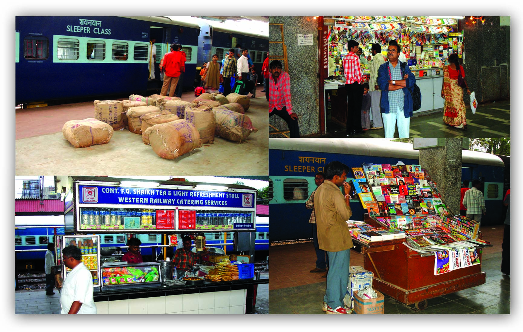 Collage of different scenes of a railway station. 