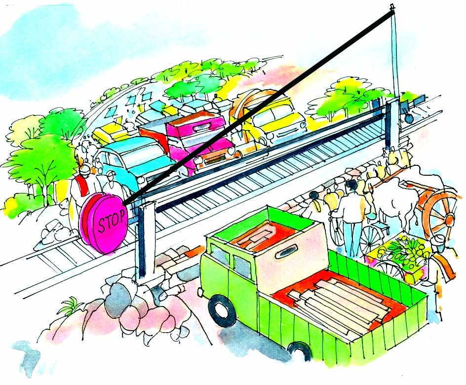 A level crossing with people and vehicles on both sides.