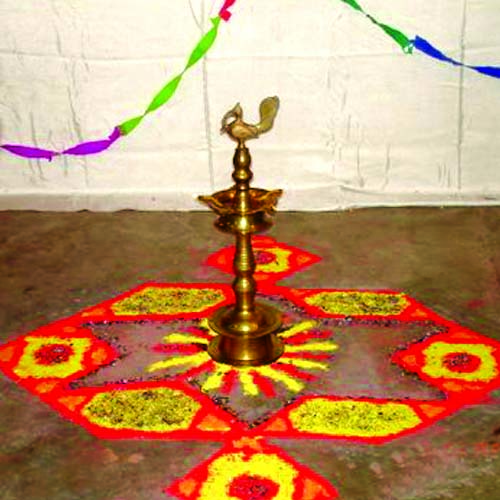 Flower decoration around a lamp.