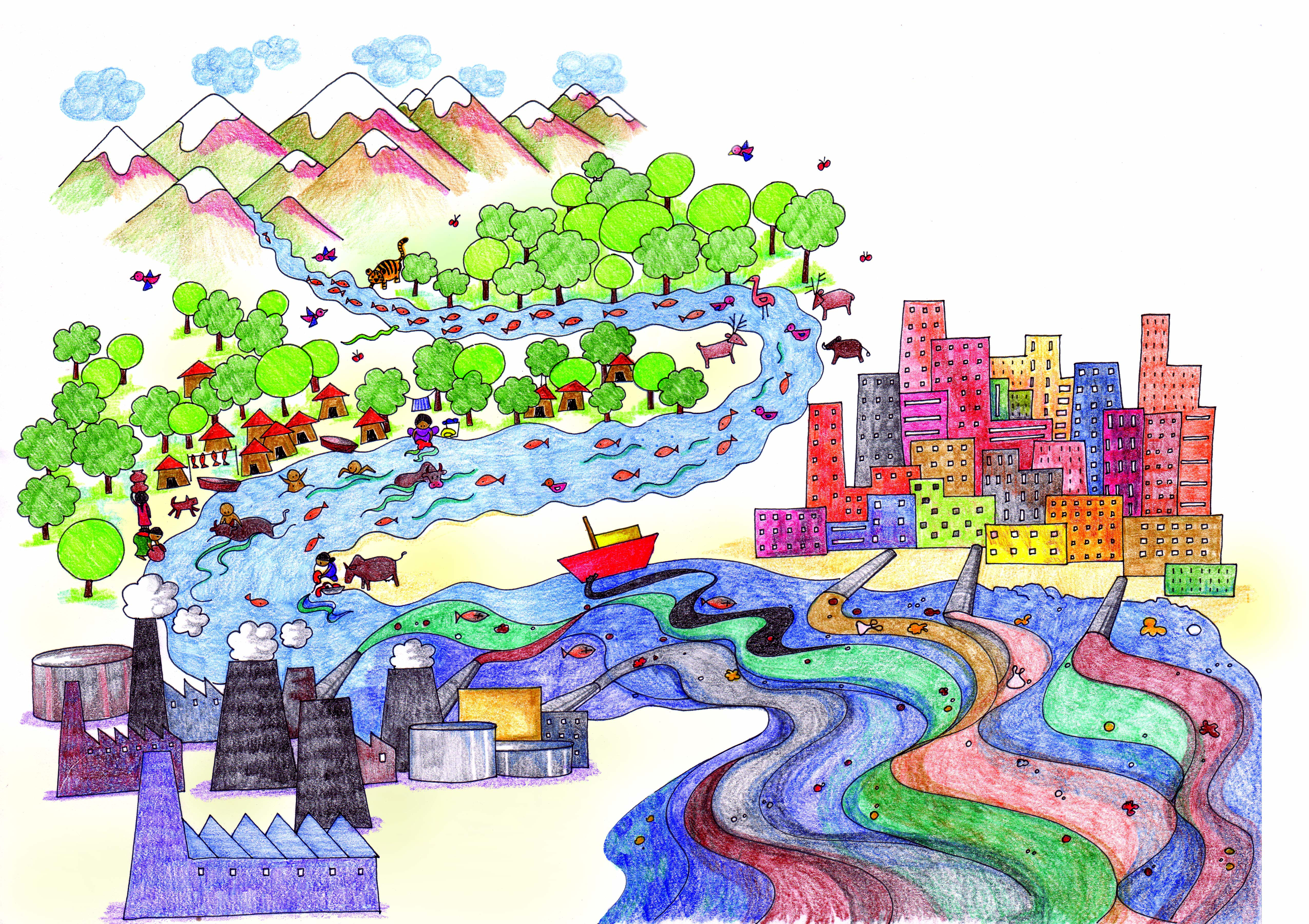 A river from the mountains is becoming dirty while moving through factories, industrial areas. 