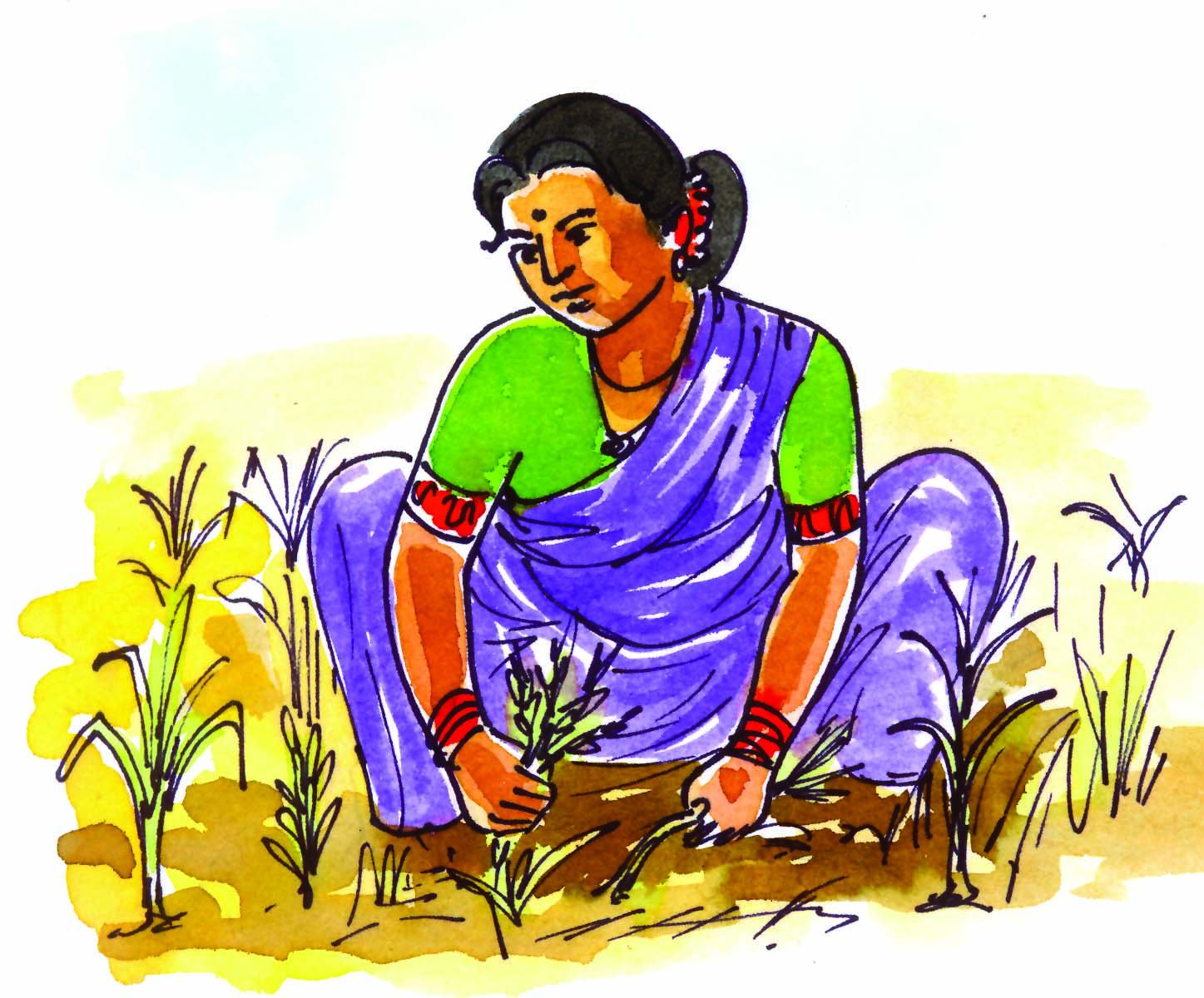 Woman pulling out crops from the field.