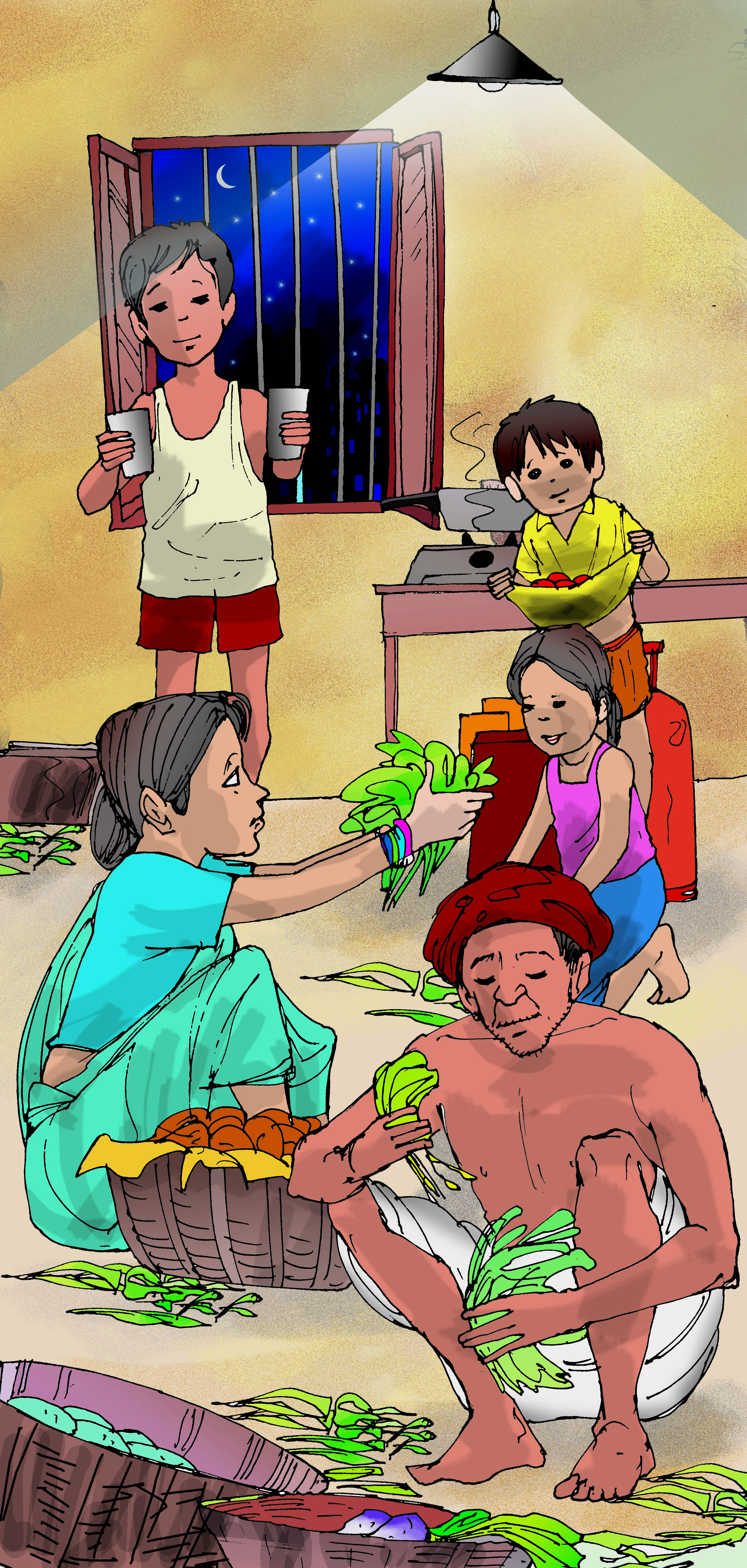 A family is sorting vegetables from baskets and bags. 