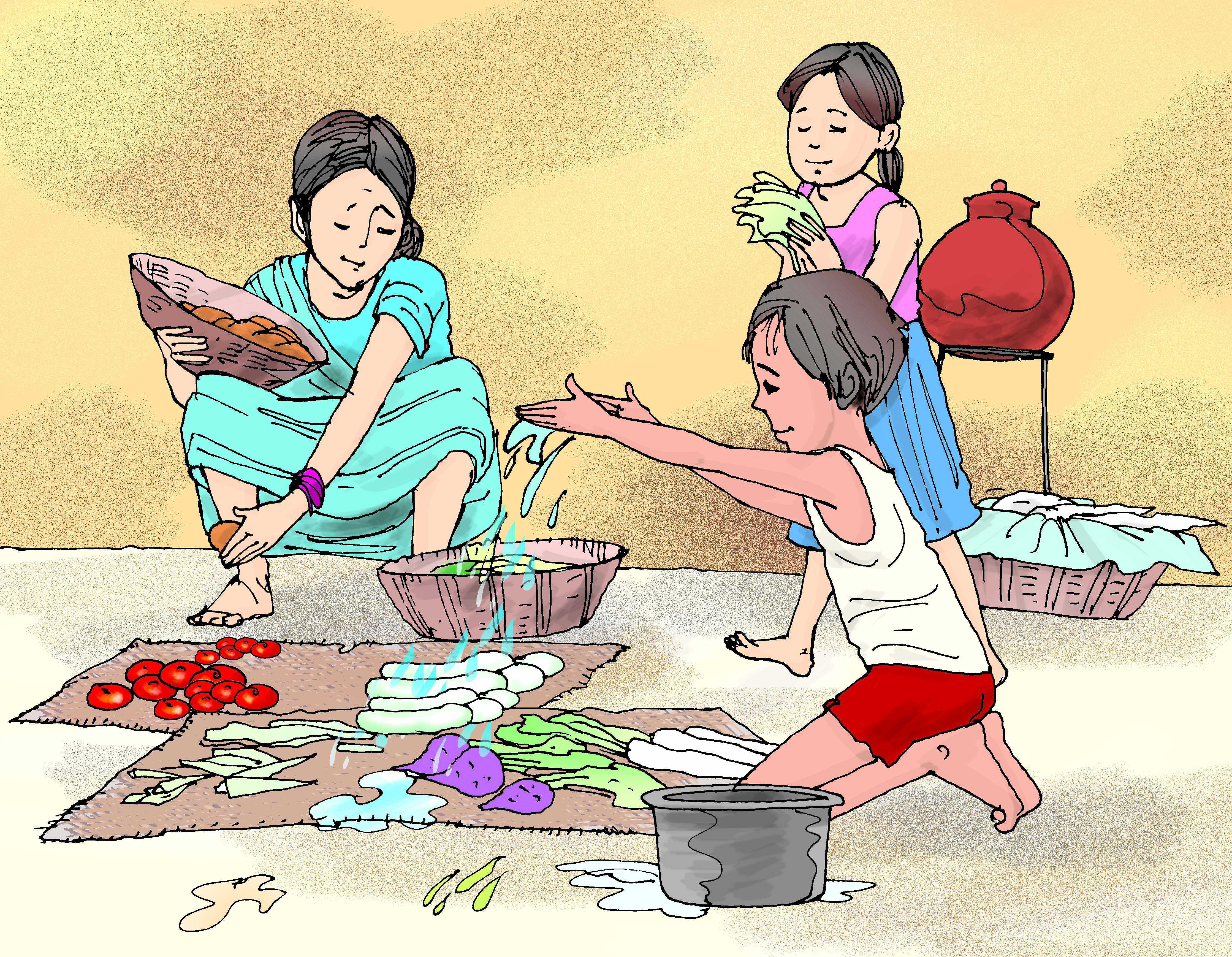 A woman with children is arranging vegetables on the floor. 