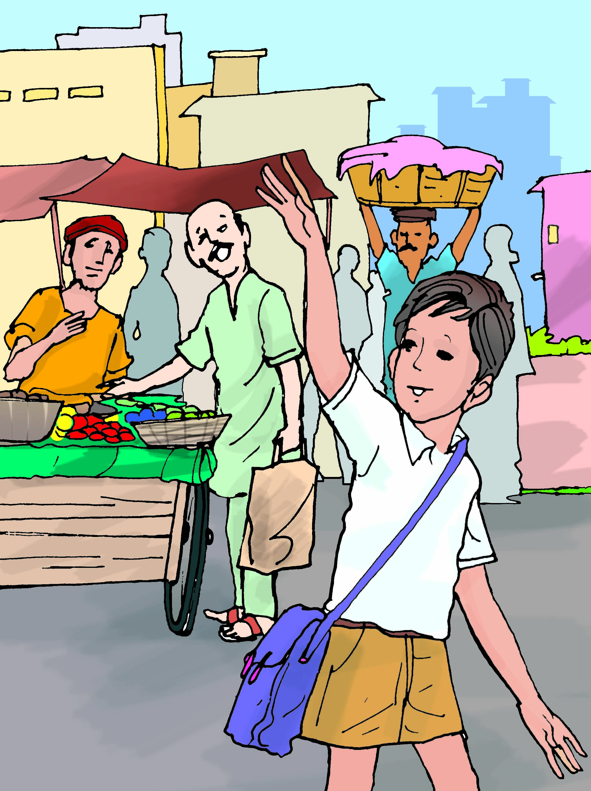 A school boy waving hand to the vegetable vendor. 