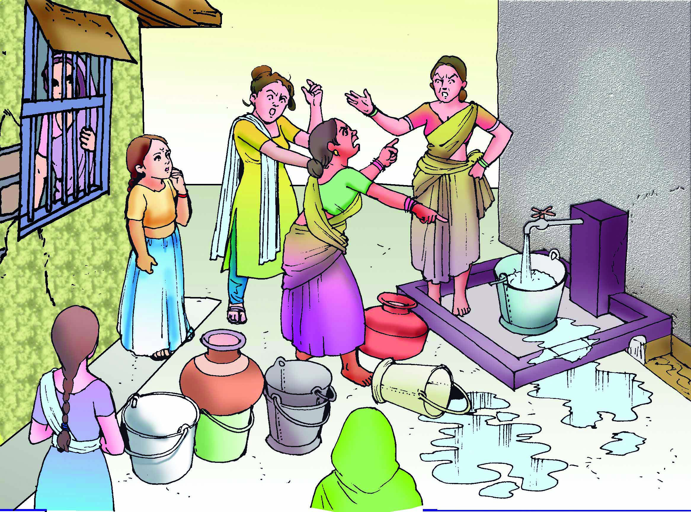 Few women fighting over water near a tap where buckets are lined up. 