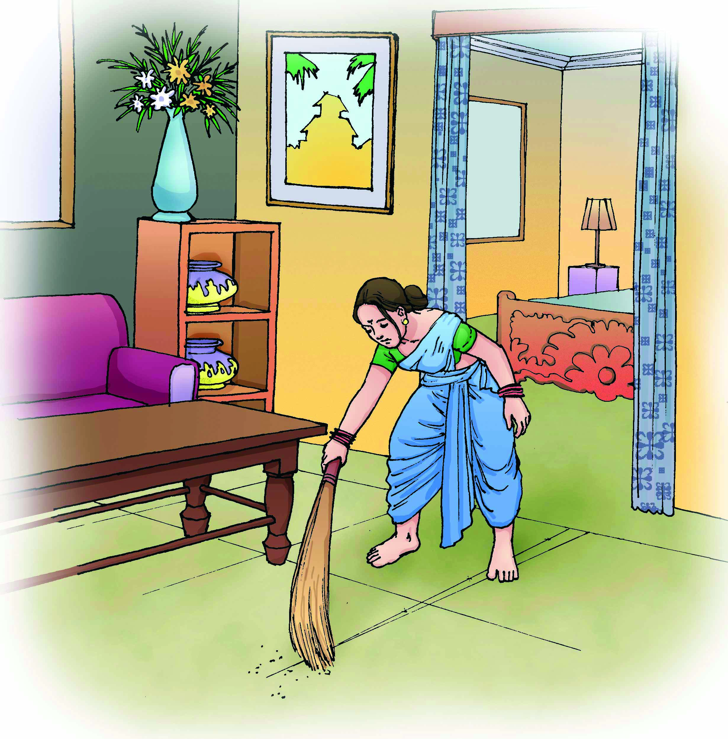 Woman cleaning a house with a broom. 