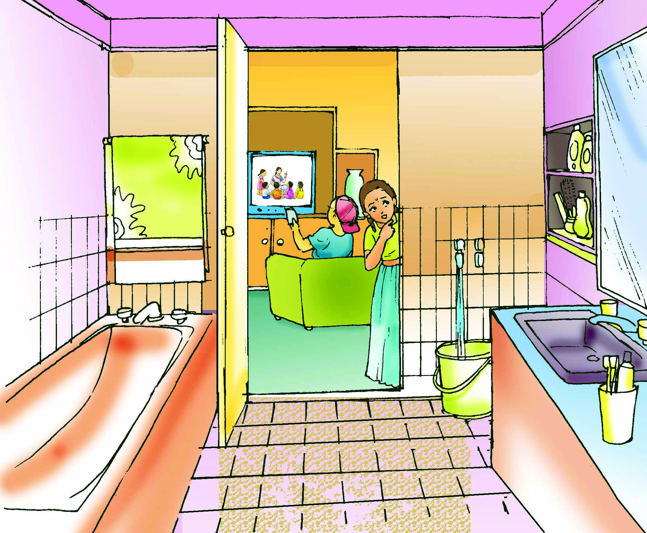 A small girl peeping into the kitchen of a house. 