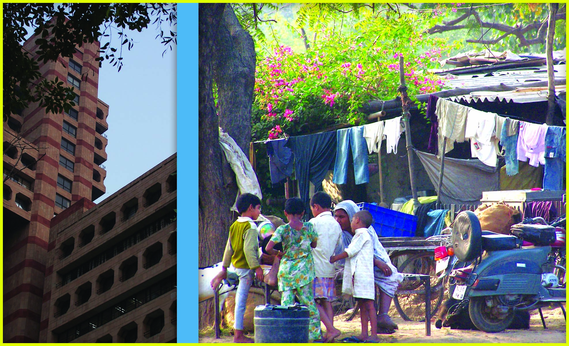 A combined picture of a tall building and few children standing in a street of a village. 