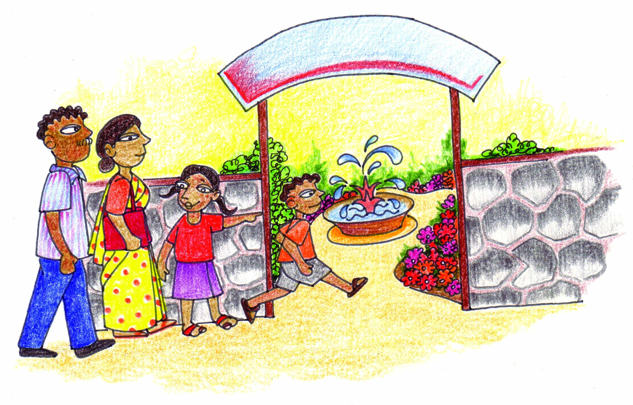 A man and woman, with two kids outside a park. 