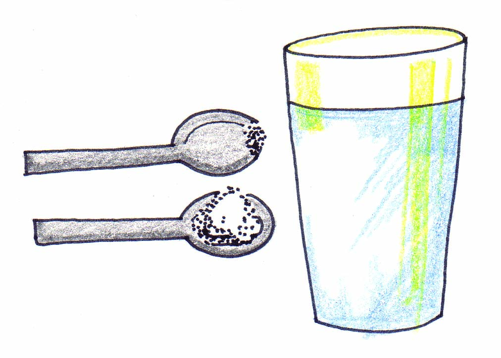 A glass of water with two spoons of sugar and salt. 