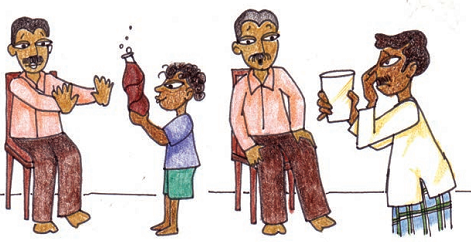 A boy offering cold drink to the guest and a man offering dirty water in a glass to the guest. 