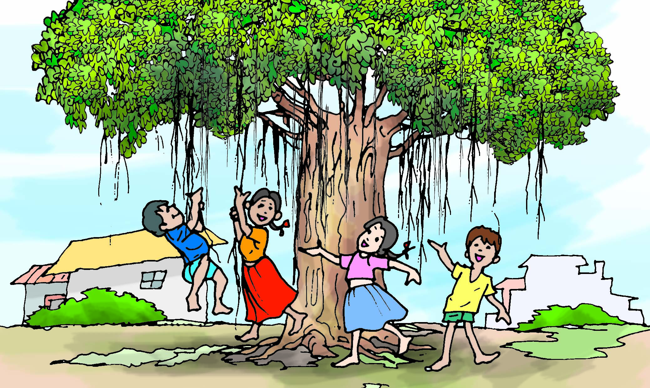 Children playing with roots hanging out from branches of a tree. 