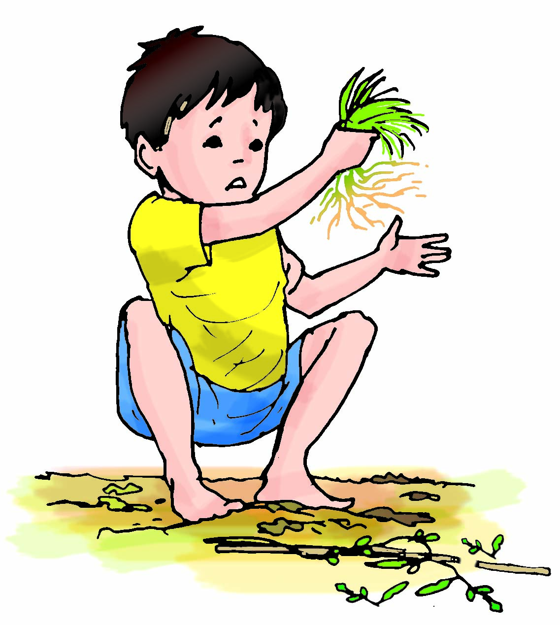 Boy surprisingly looking at the roots of the grass.