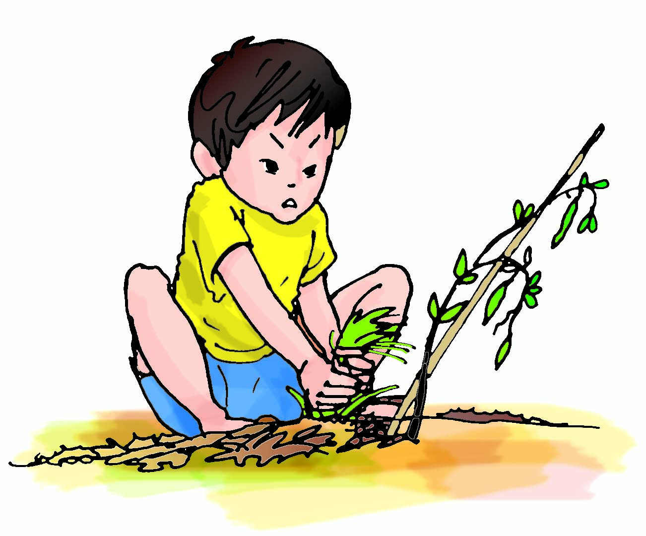 A boy pulling out grass from the ground.