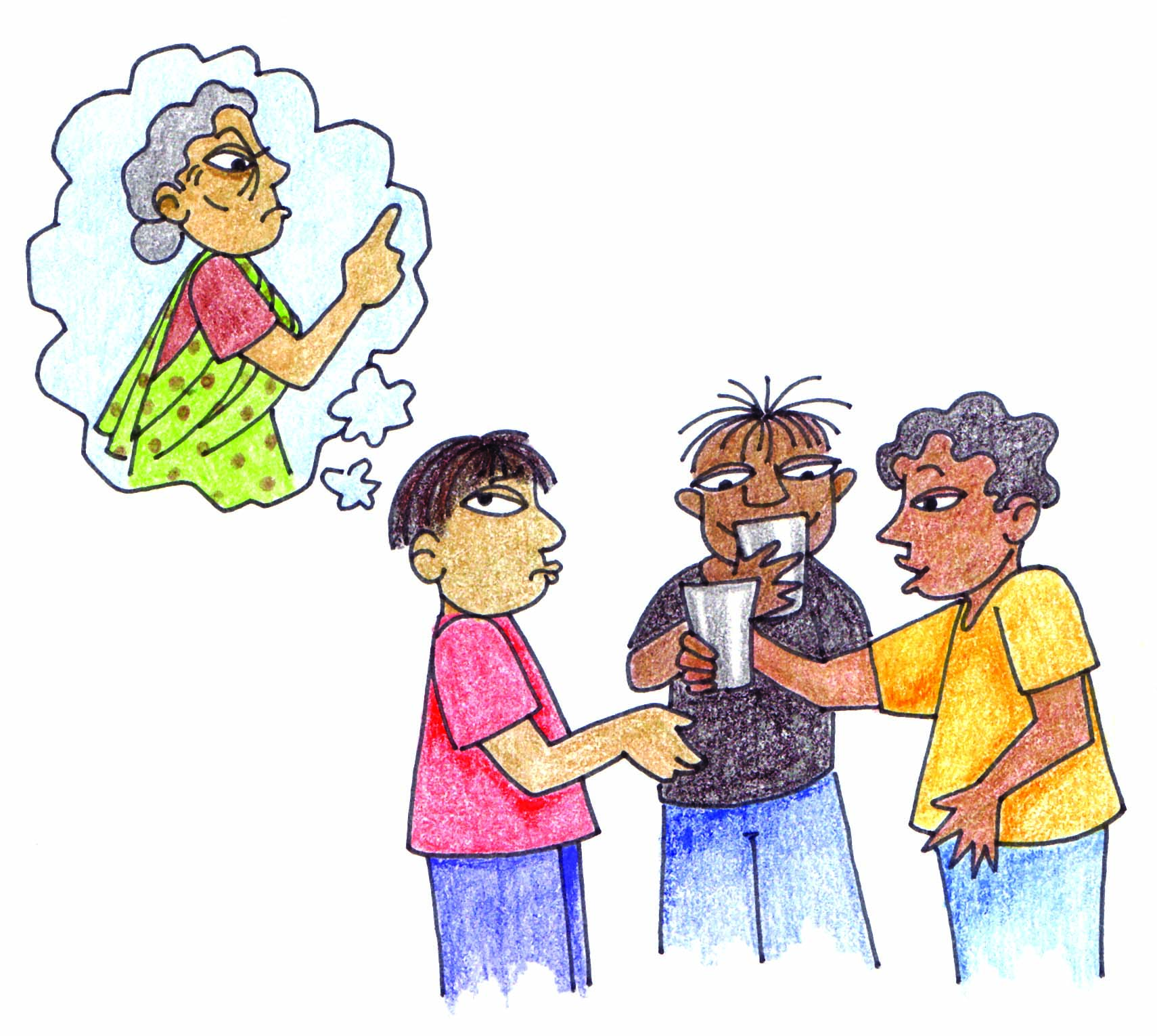 A boy offering water to other boys and one of them is remembering his grandmother.