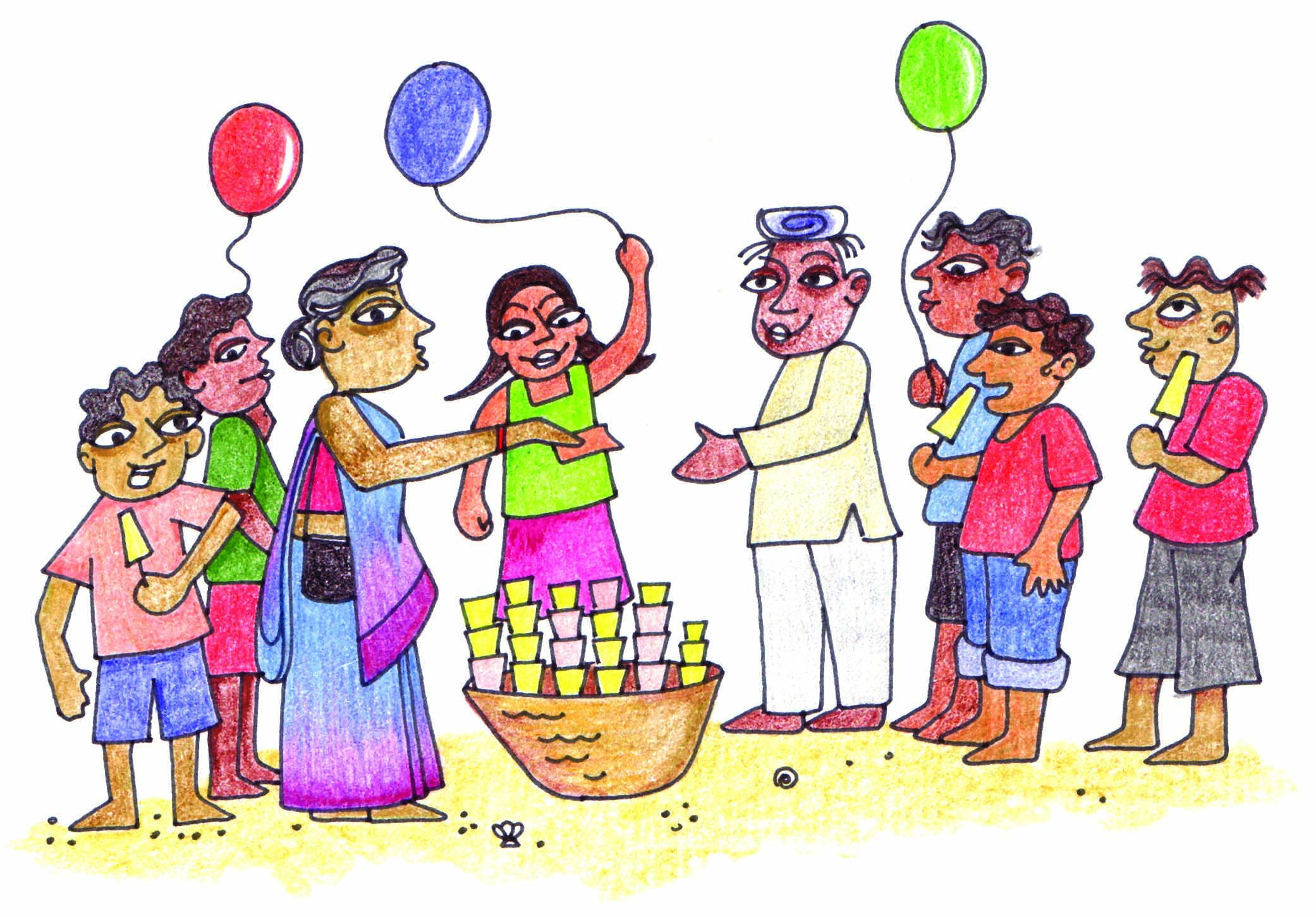 A lady paying to a kulfi seller and children enjoying their kulfis.