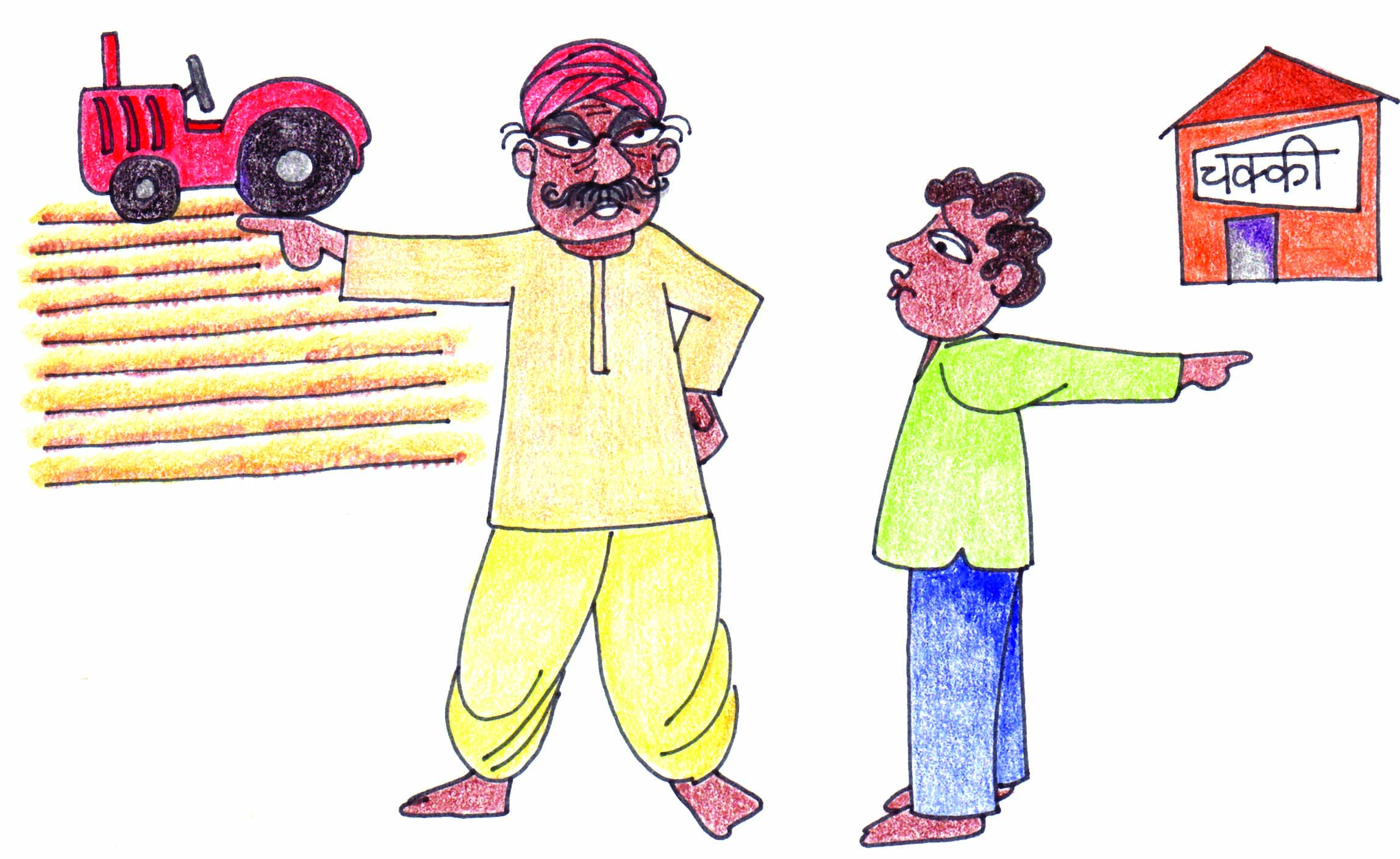 An older man pointing towards fields and younger man towards Chakki machine.