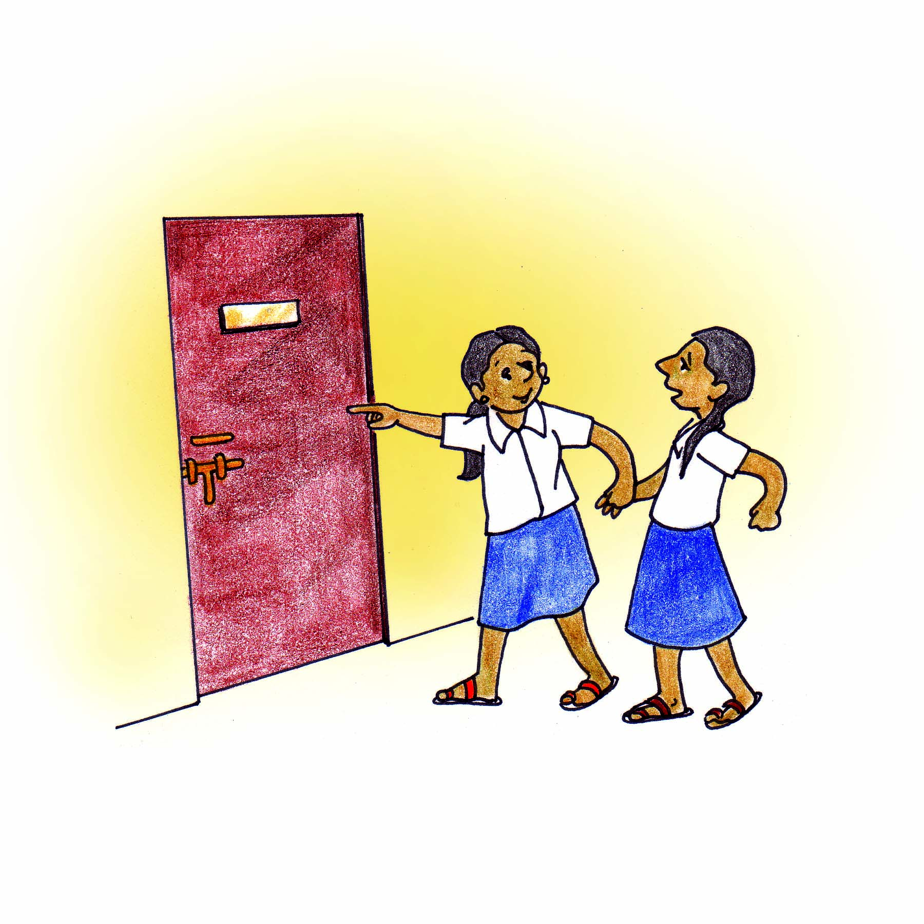 One girl pulling another girl towards a door.