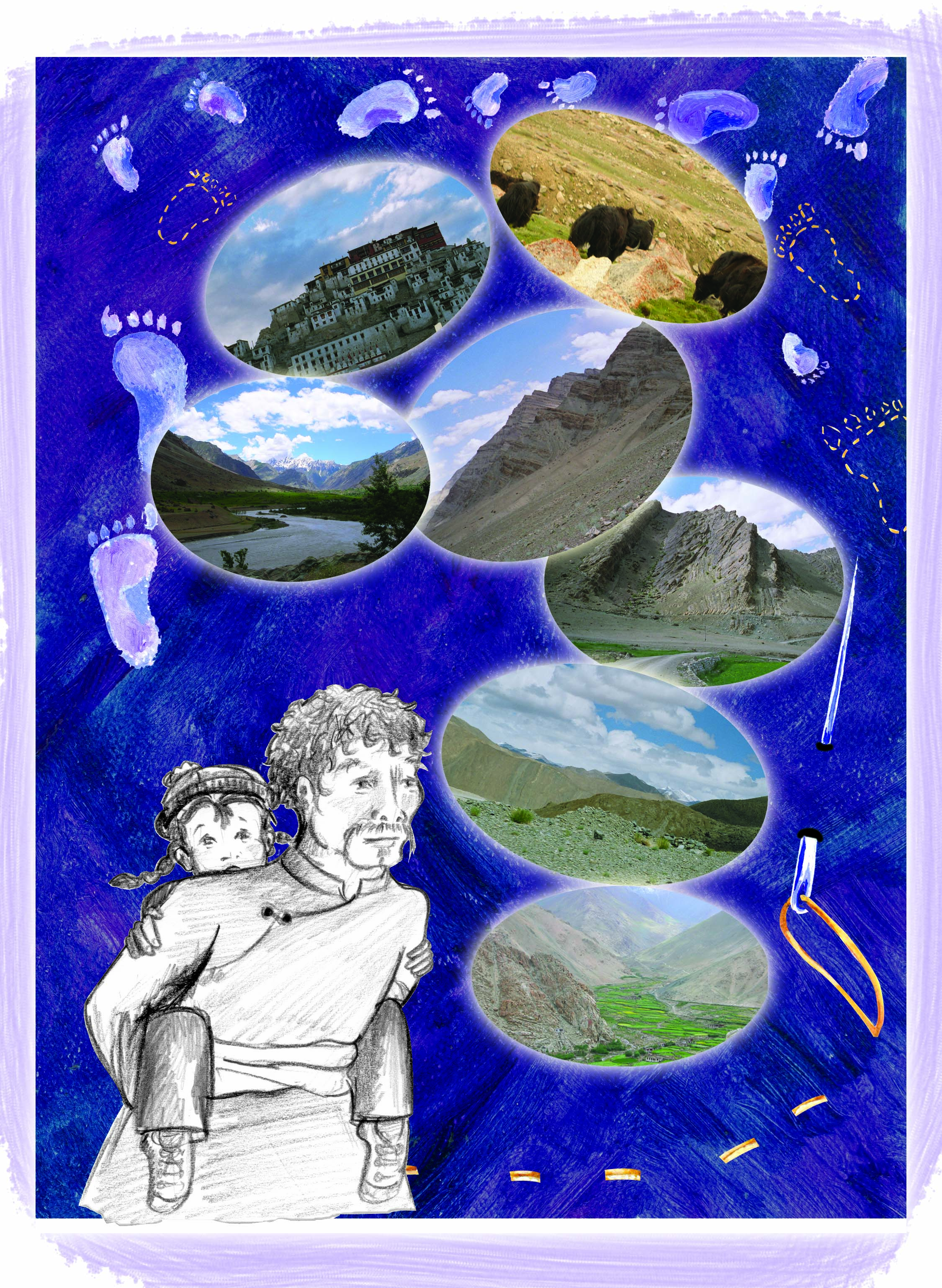 Girl on her father's back besides a collage of pictures from Ladakh. 