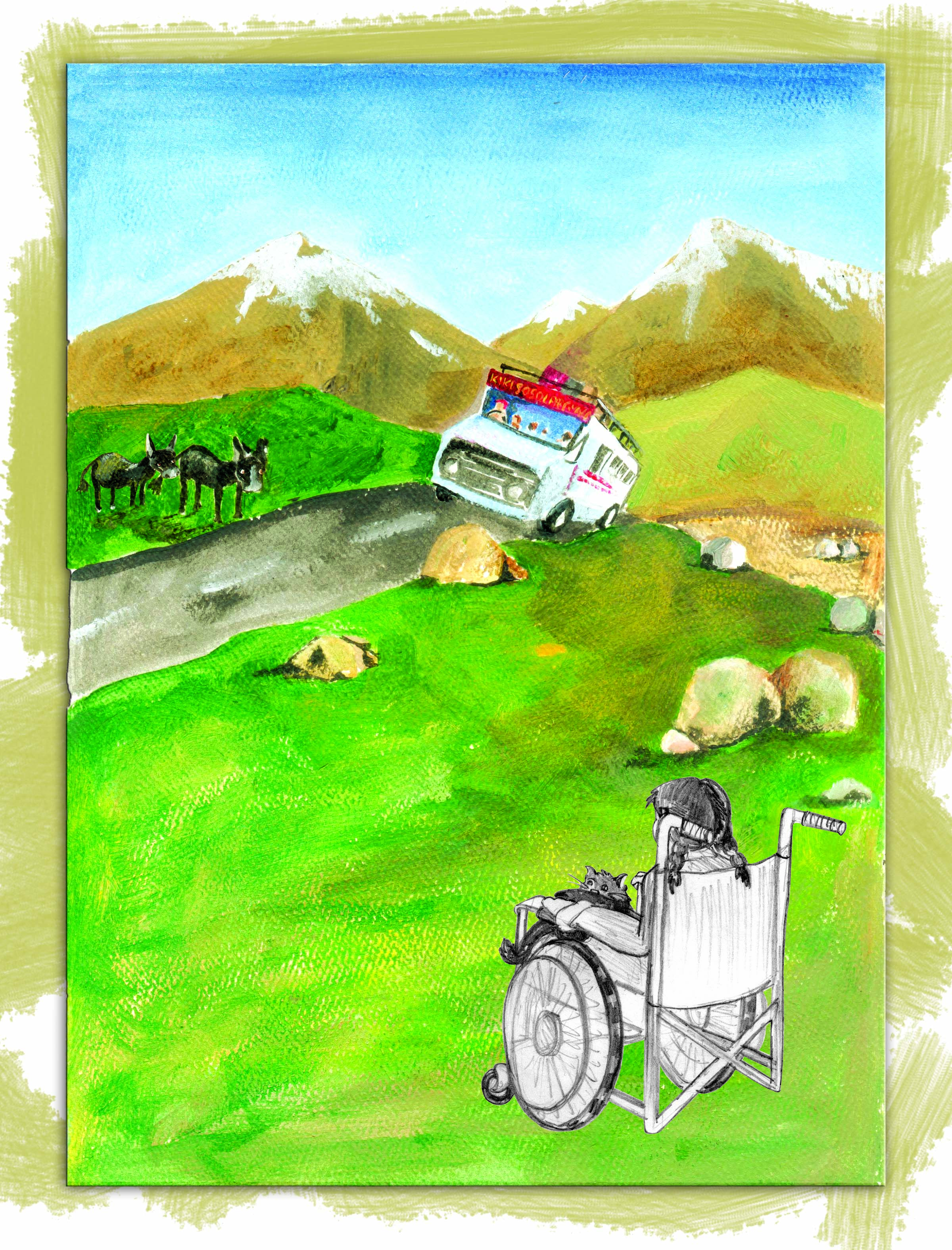 A girl in wheel chair looking at a school bus. 