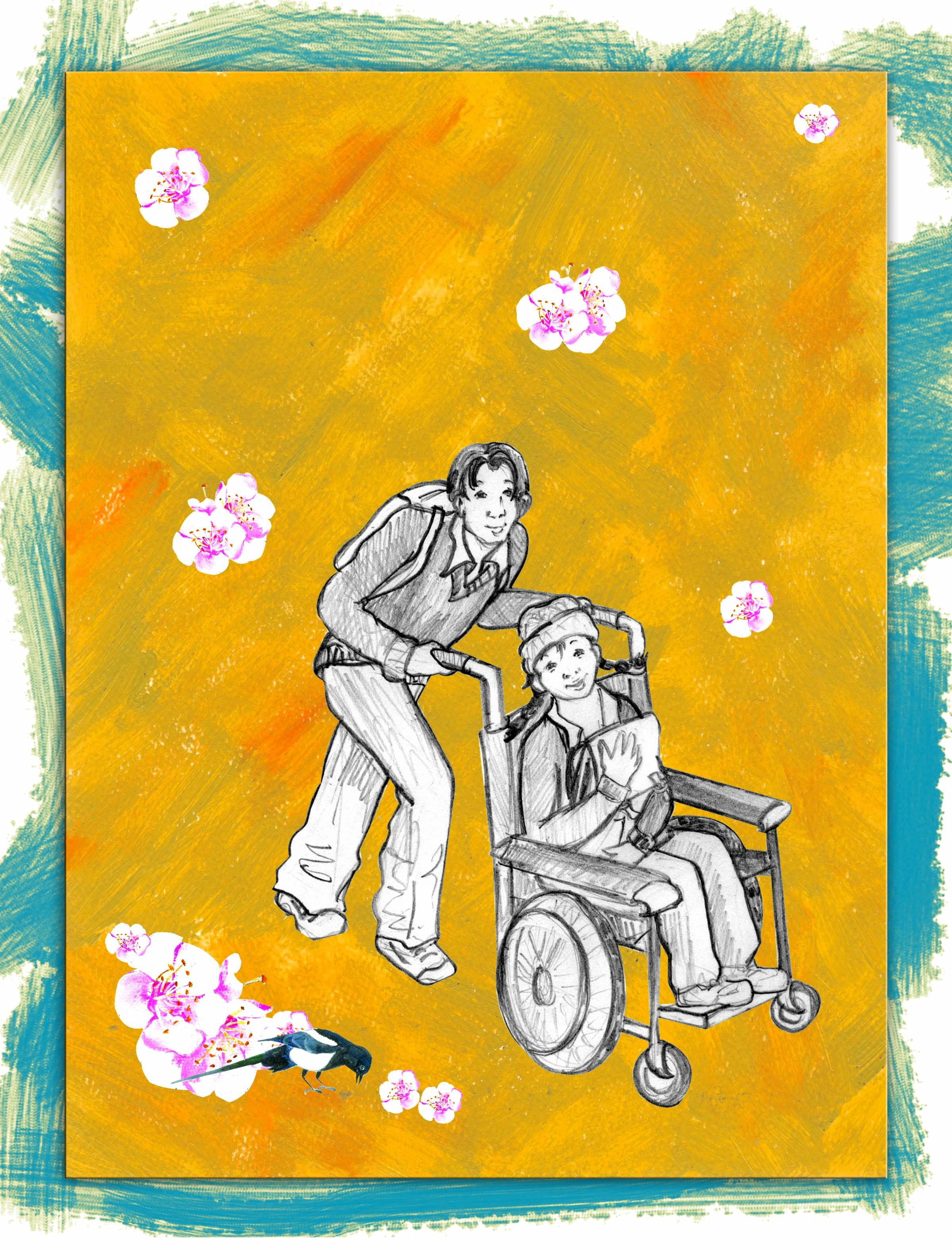 Man pushing a girl in wheel chair from behind. 