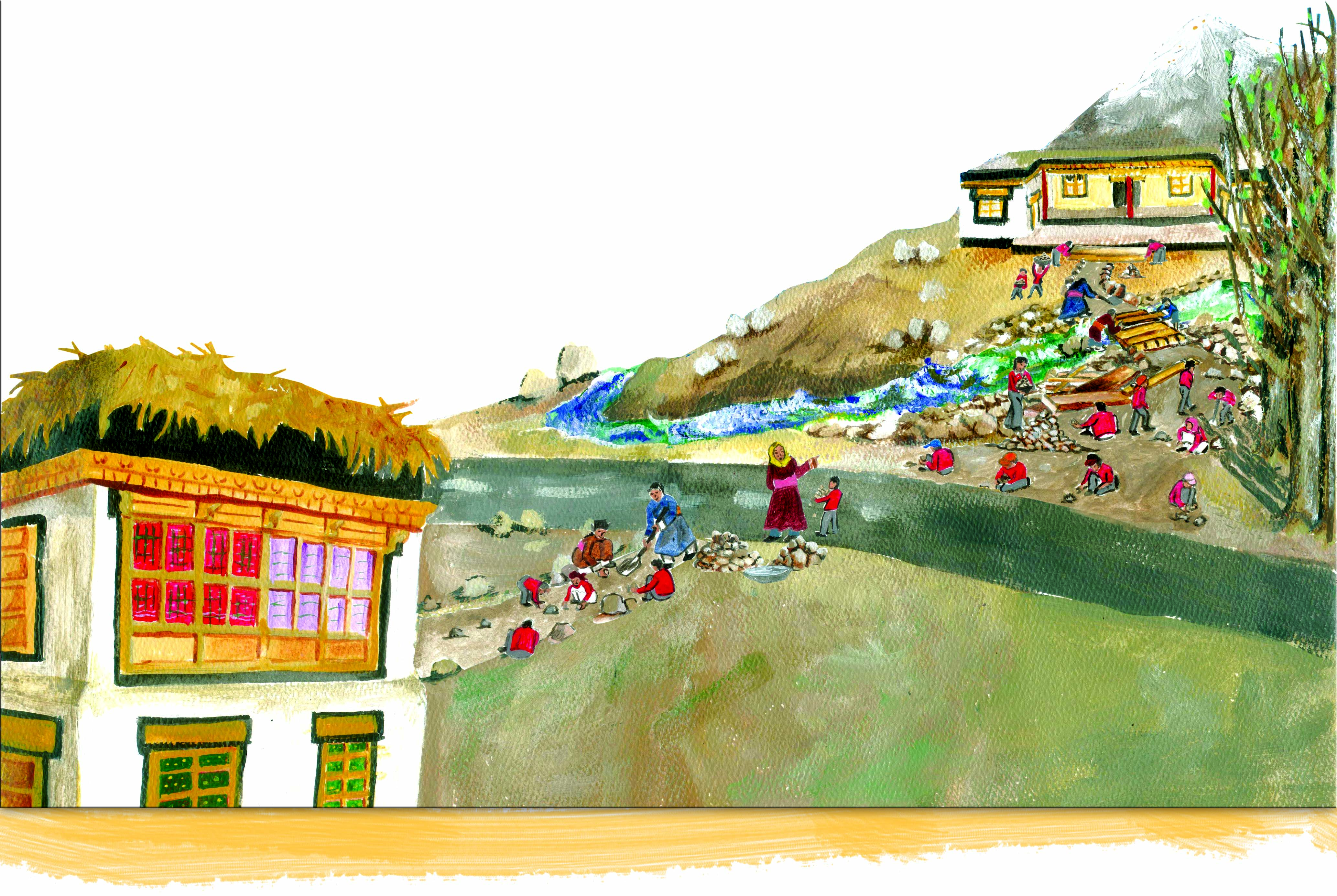 People making a small wood bridge across river. 