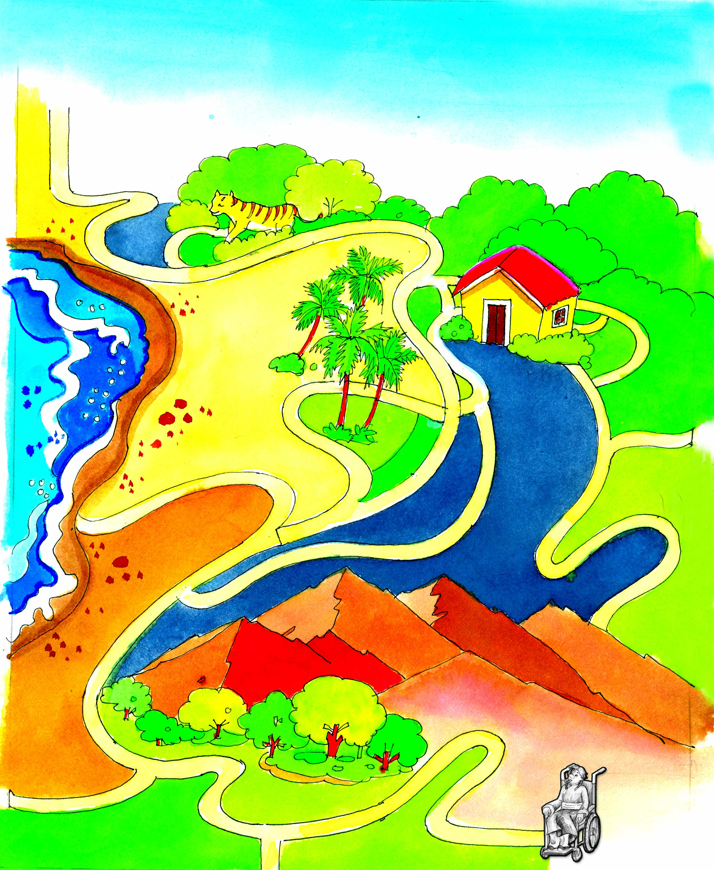 A puzzled road for a girl in wheel chair to reach her school. 