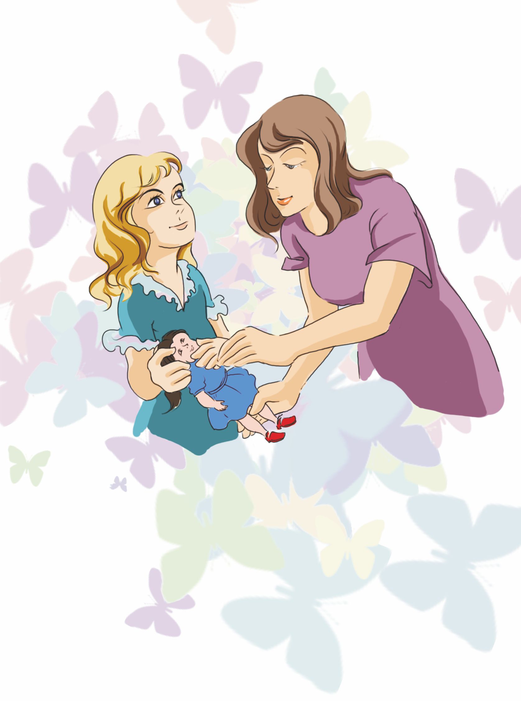 Teacher giving doll to the girl.