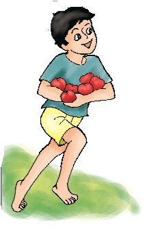 A boy holding apples in his hand while walking. 