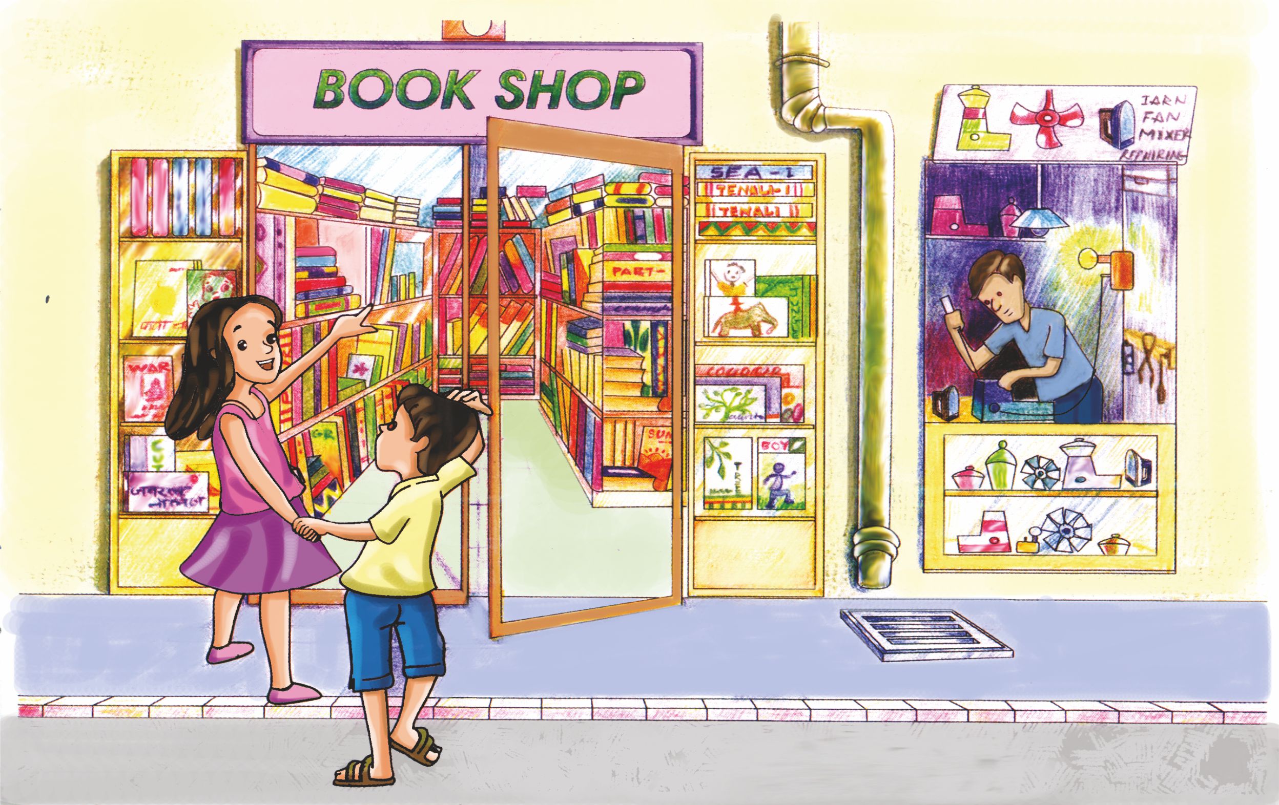 A boy and a girl standing outside book shop. 