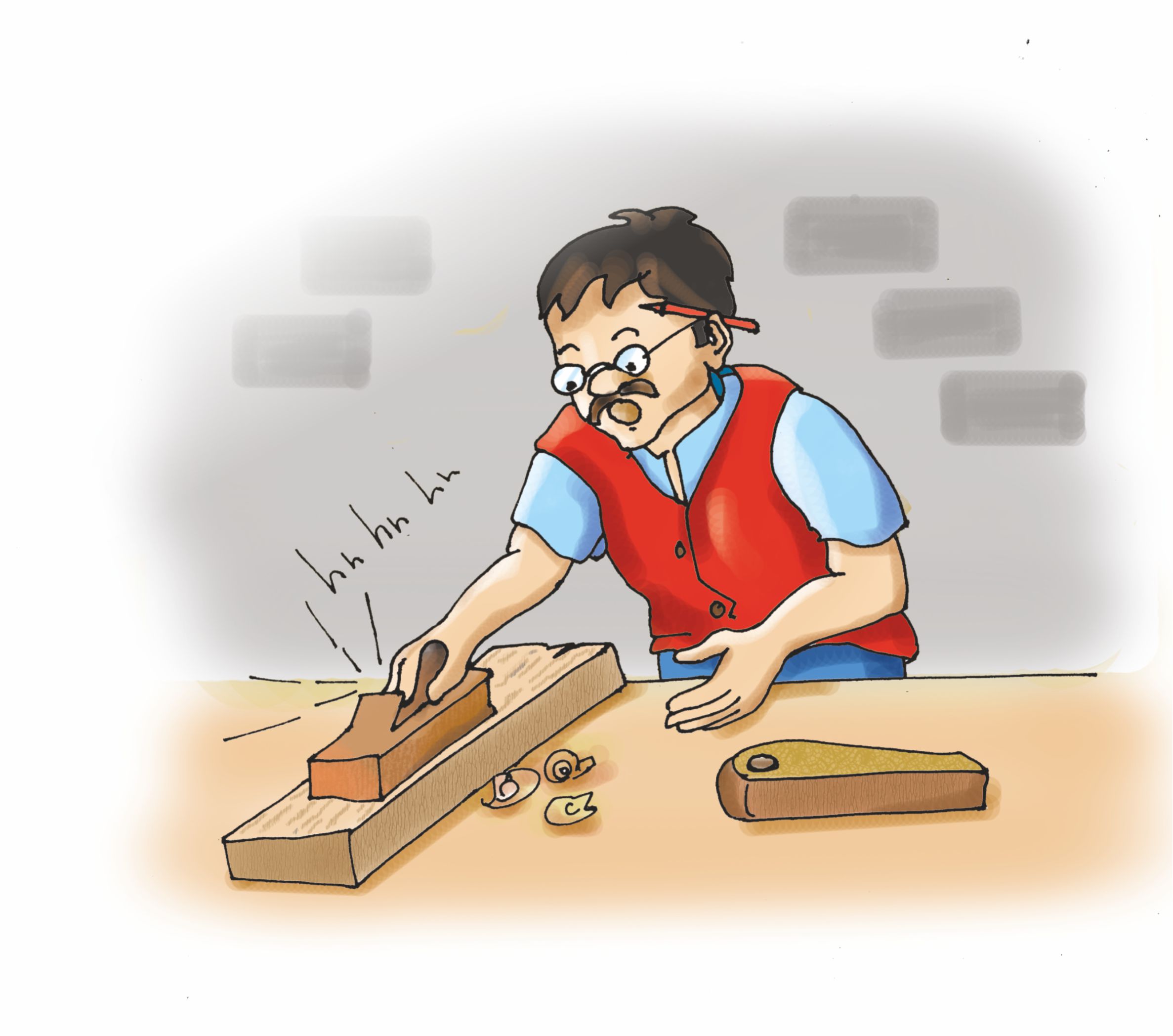 A carpenter cutting a wood piece 