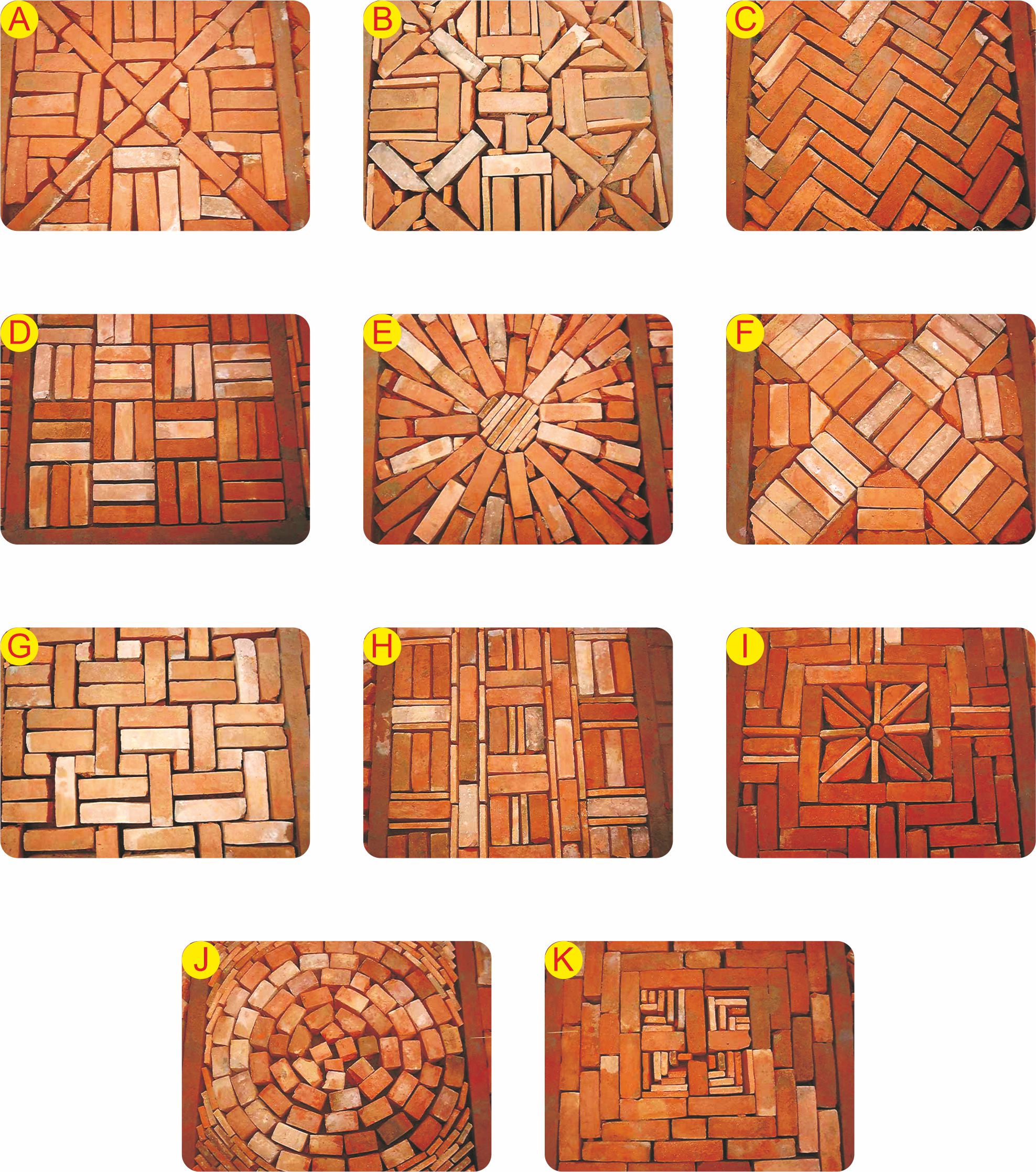 An image of types of brick patterns depicted by alphabets A to K.