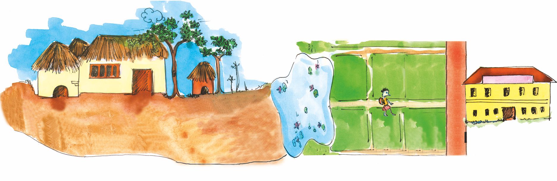A boy walking through a house, a pond, a field and then reaching his school.