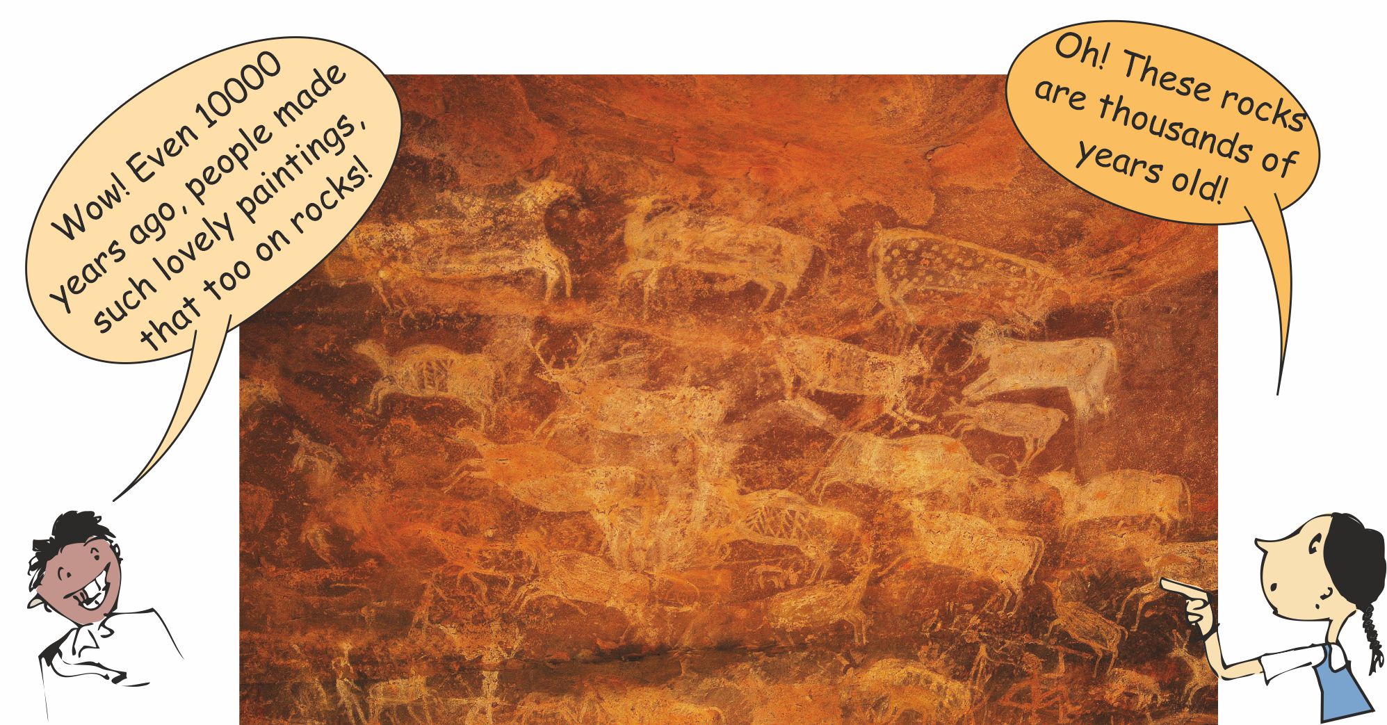 A girl and a boy are looking at a cave painting.