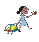A girl carrying sweets in one hand and school bag in the other.