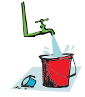Water running out of a tap into a bucket. 