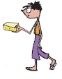 Boy walking with a packet of butter.