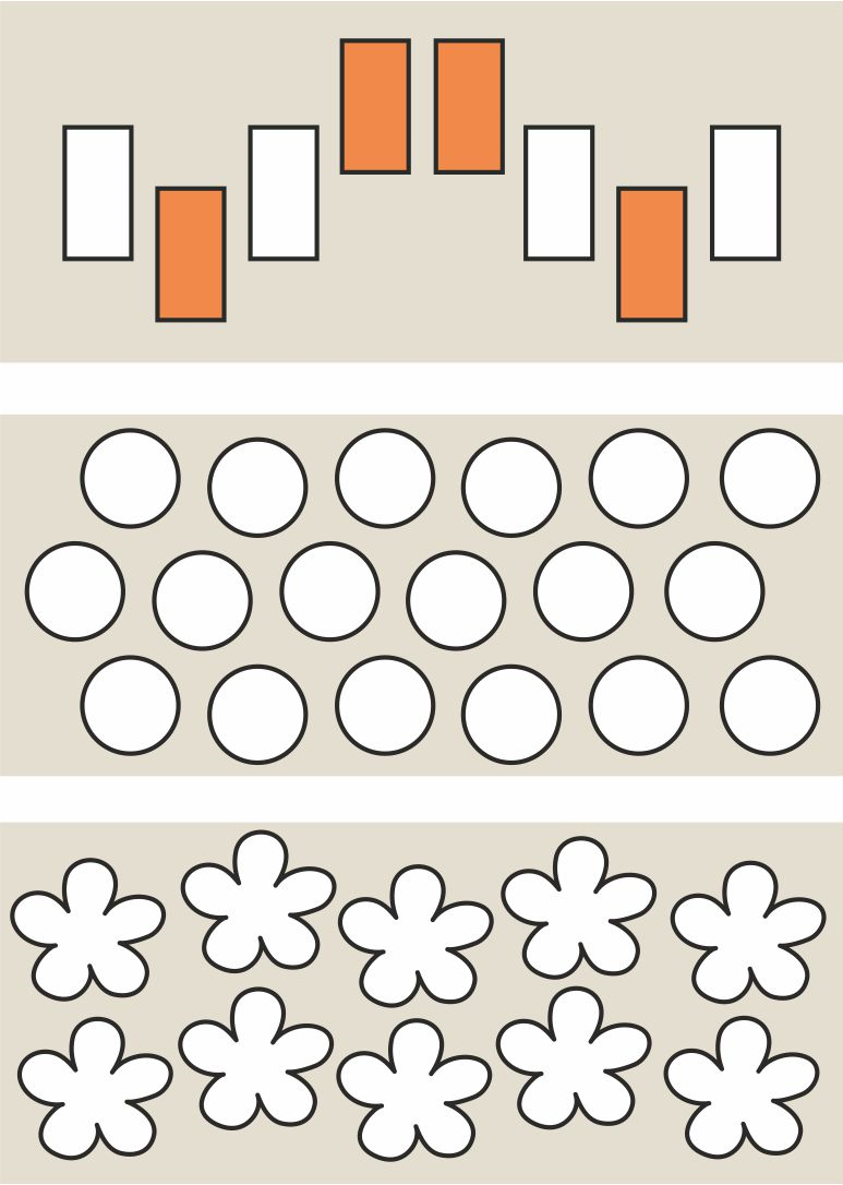 First picture has 8 rectangles and 4 are coloured. Second picture has 18 circles. Third picture has 10 flowers.