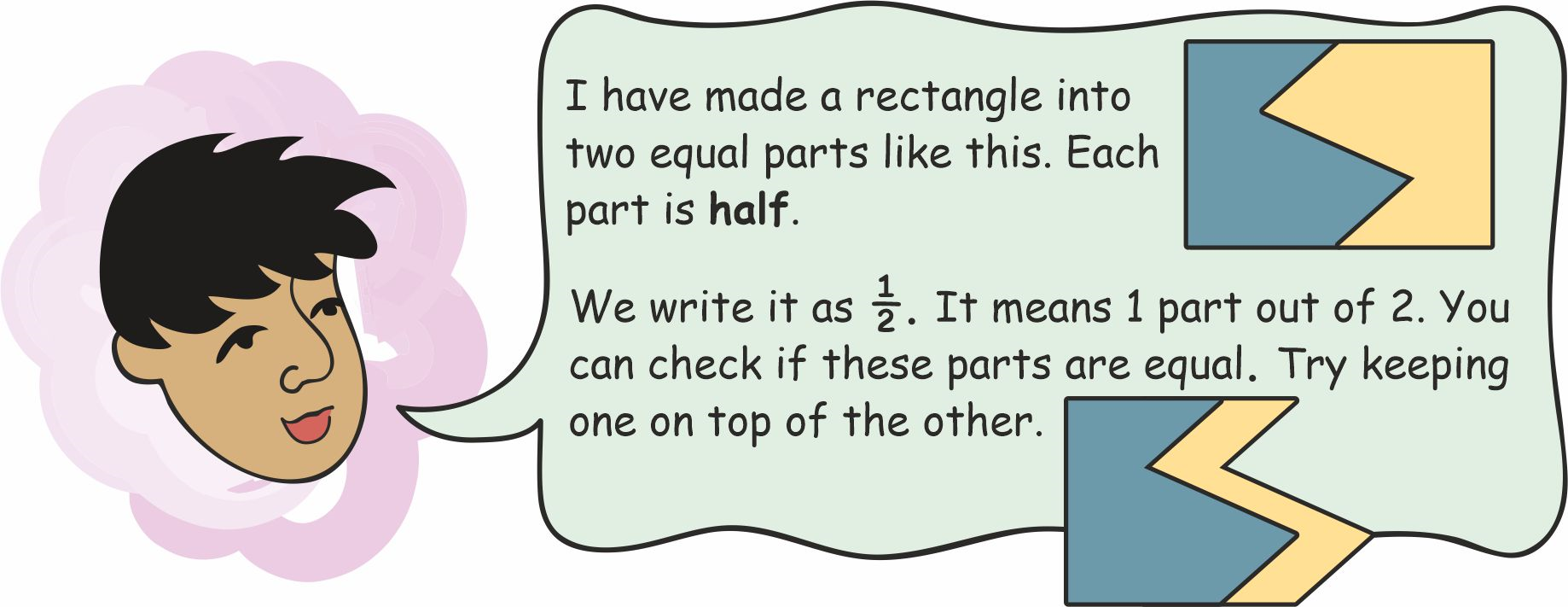 A boy talking about division of rectangle into parts. 