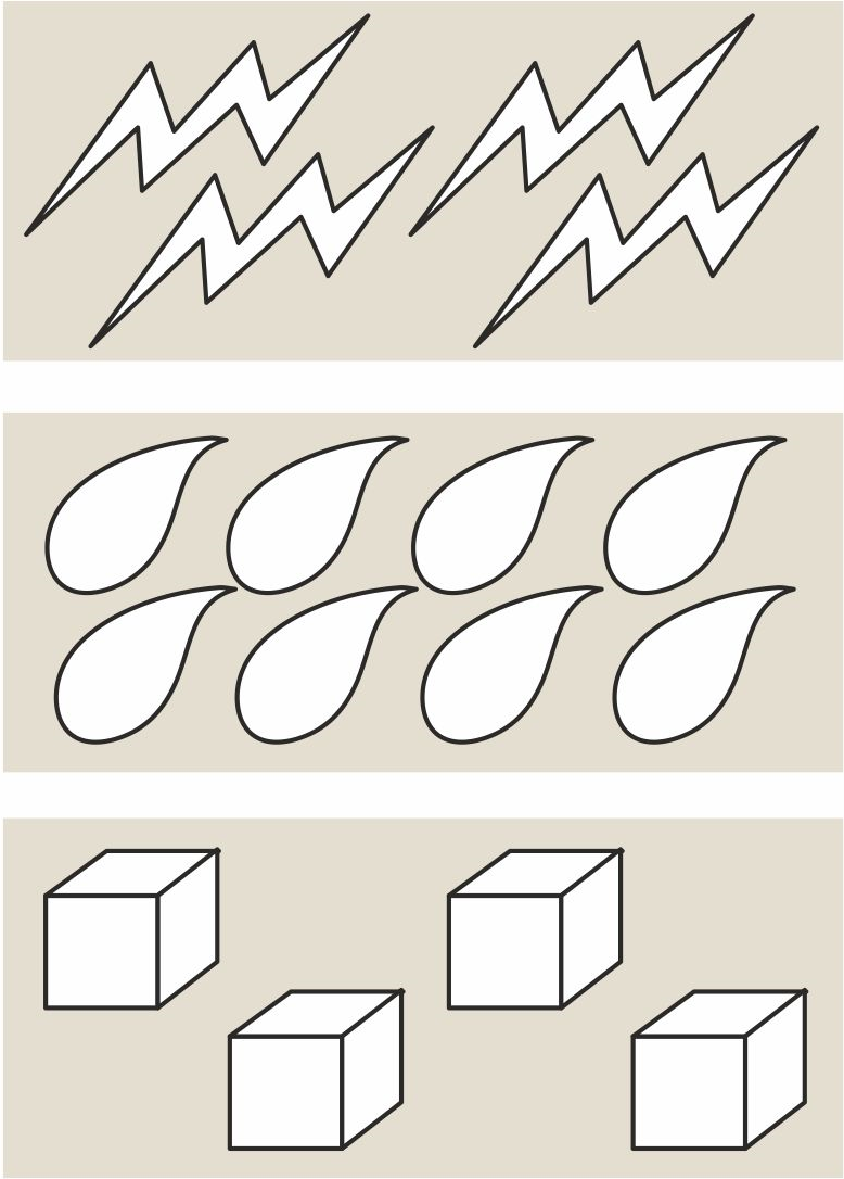 First picture has 4 zig-zag shaped figures. Second picture has 8 drops of water. Third picture has 4 cubes.