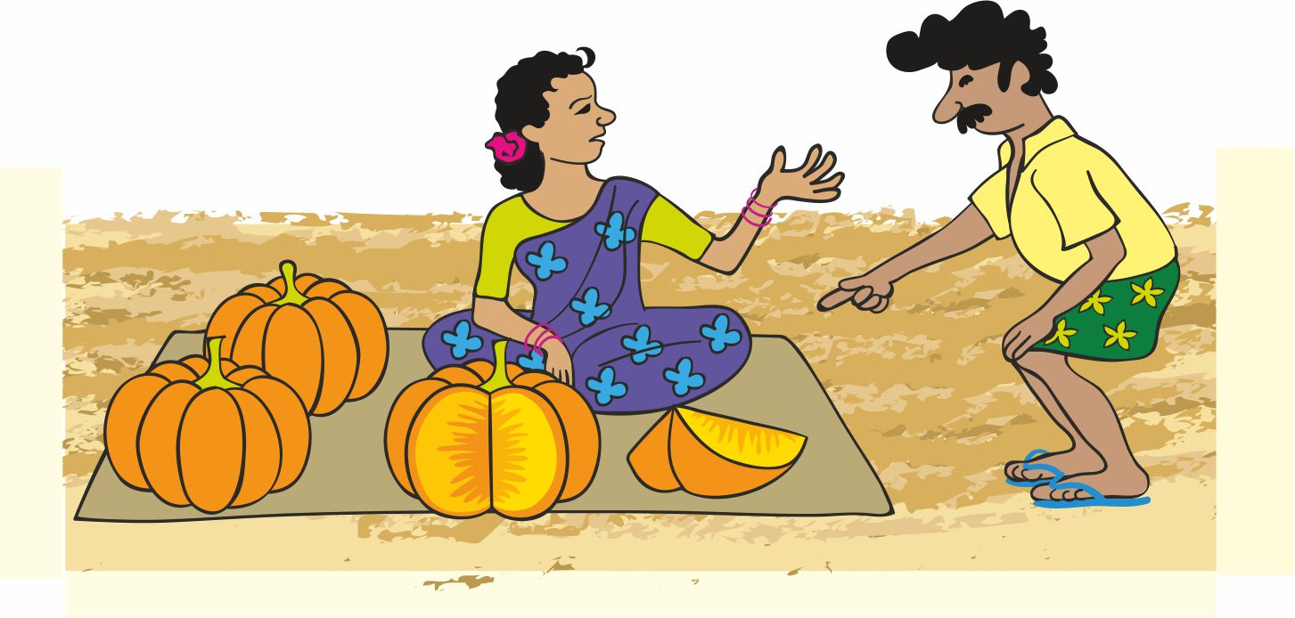 A lady selling pumpkin to a man. 