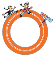 Two girls are running a race on a circular track.