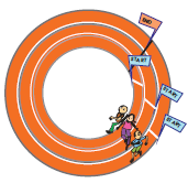 Three girls are starting to race from different points.