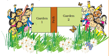 A group of students is standing with Garden 1 and another group is standing with Garden 2. There is a path between both gardens.  